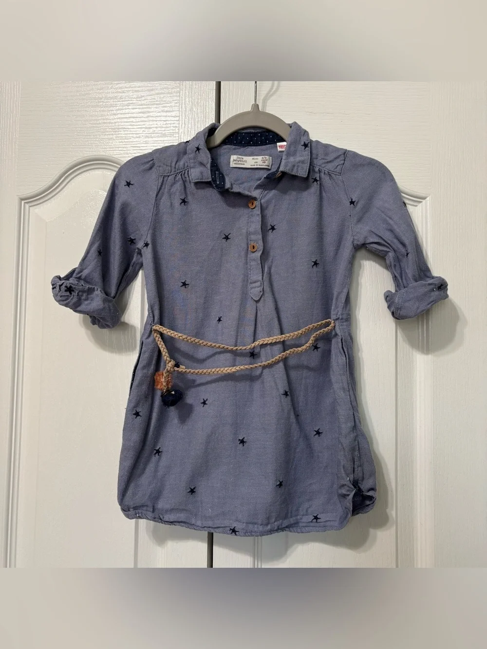 Zara Girls 2/3Y Blue Star Shirt Dress Long Sleeve Belted Button Collared